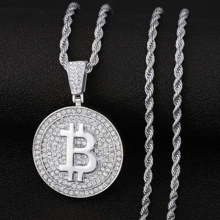 Men Hip Hop Bitcoin Pendant Necklace with 4mm Zircon Tennis Chain Iced Out Bling Hiphop Necklaces Fashion Jewelry BTC Pendant