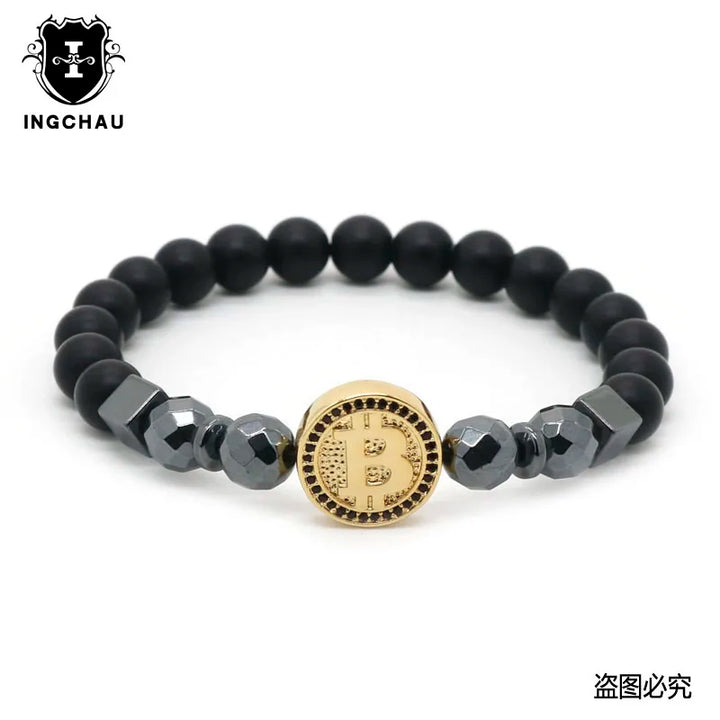 2019 Fashion Luxury Bitcoin Bracelet Men Black Hematite Stone Charm Bracelets For Men Best Friend Gift Pulseira Masculina BT-12