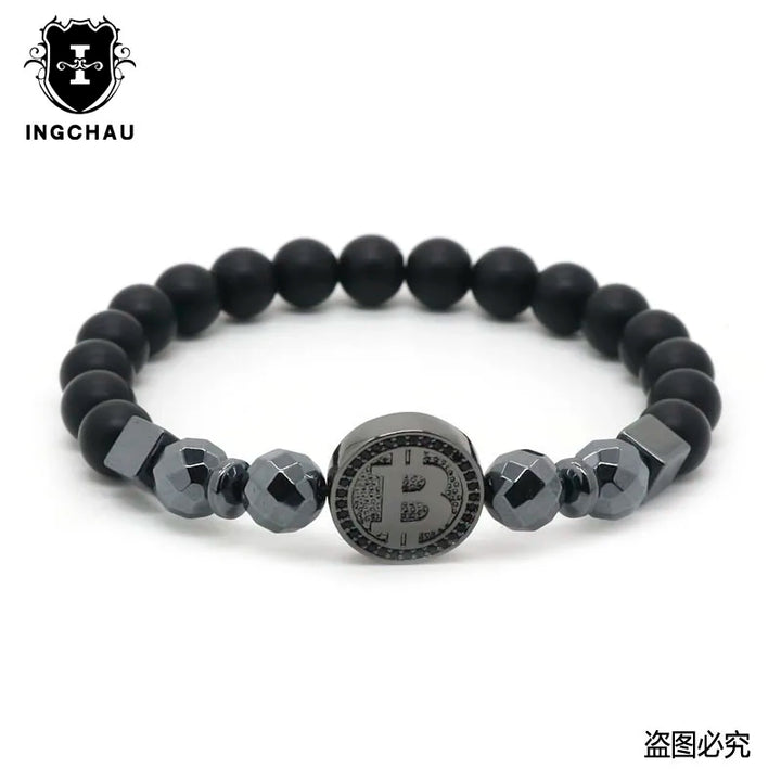 2019 Fashion Luxury Bitcoin Bracelet Men Black Hematite Stone Charm Bracelets For Men Best Friend Gift Pulseira Masculina BT-12