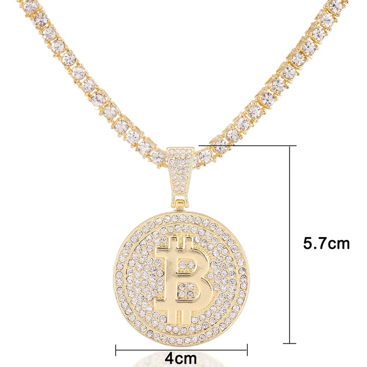 Men Hip Hop Bitcoin Pendant Necklace with 4mm Zircon Tennis Chain Iced Out Bling Hiphop Necklaces Fashion Jewelry BTC Pendant