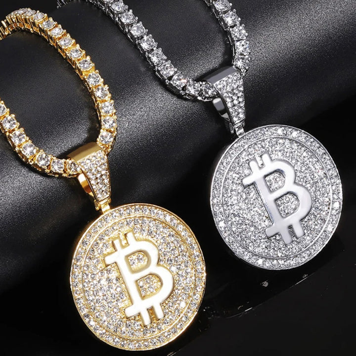 Men Hip Hop Bitcoin Pendant Necklace with 4mm Zircon Tennis Chain Iced Out Bling Hiphop Necklaces Fashion Jewelry BTC Pendant