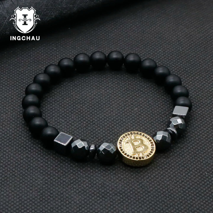 2019 Fashion Luxury Bitcoin Bracelet Men Black Hematite Stone Charm Bracelets For Men Best Friend Gift Pulseira Masculina BT-12