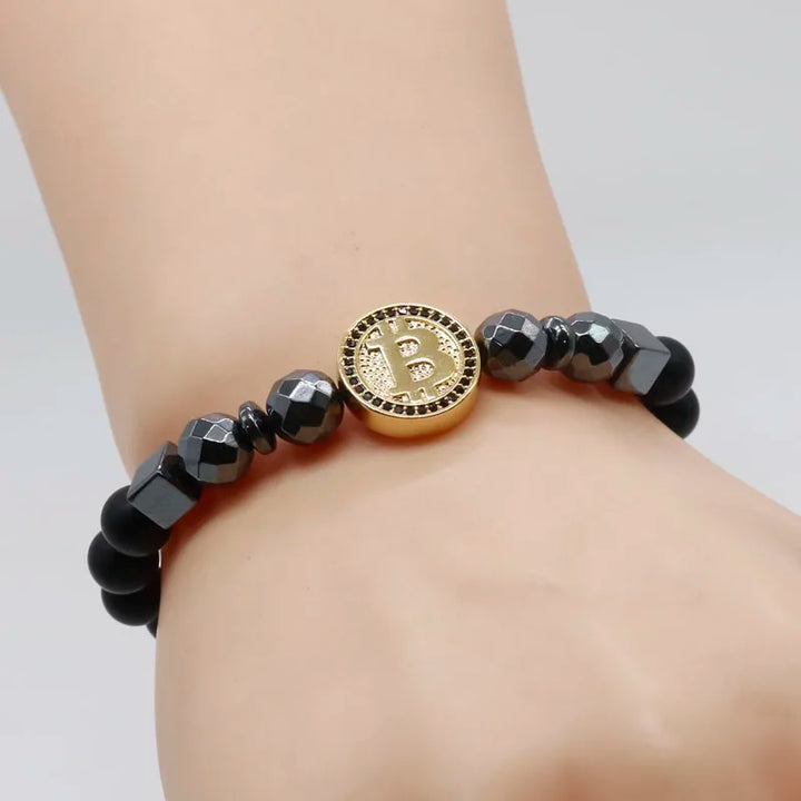 2019 Fashion Luxury Bitcoin Bracelet Men Black Hematite Stone Charm Bracelets For Men Best Friend Gift Pulseira Masculina BT-12