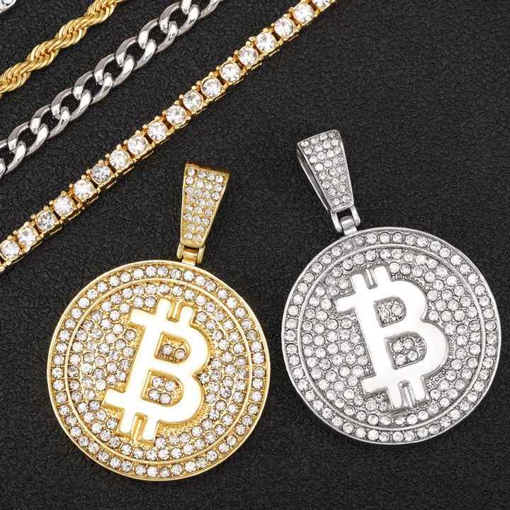 Men Hip Hop Bitcoin Pendant Necklace with 4mm Zircon Tennis Chain Iced Out Bling Hiphop Necklaces Fashion Jewelry BTC Pendant