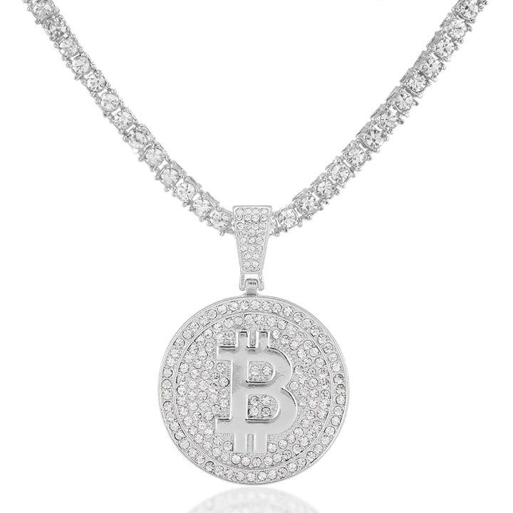 Men Hip Hop Bitcoin Pendant Necklace with 4mm Zircon Tennis Chain Iced Out Bling Hiphop Necklaces Fashion Jewelry BTC Pendant