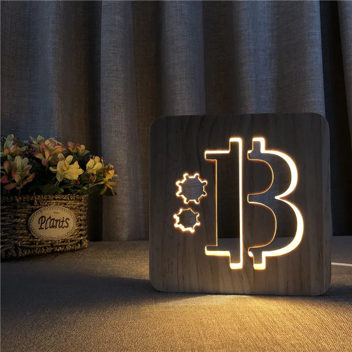 LED Wood Light Lamp USB Night Light Bitcoin Style 3D Luminaria Baby Lamp Birthday Gifts For Kids Bedroom Decorative Night Light