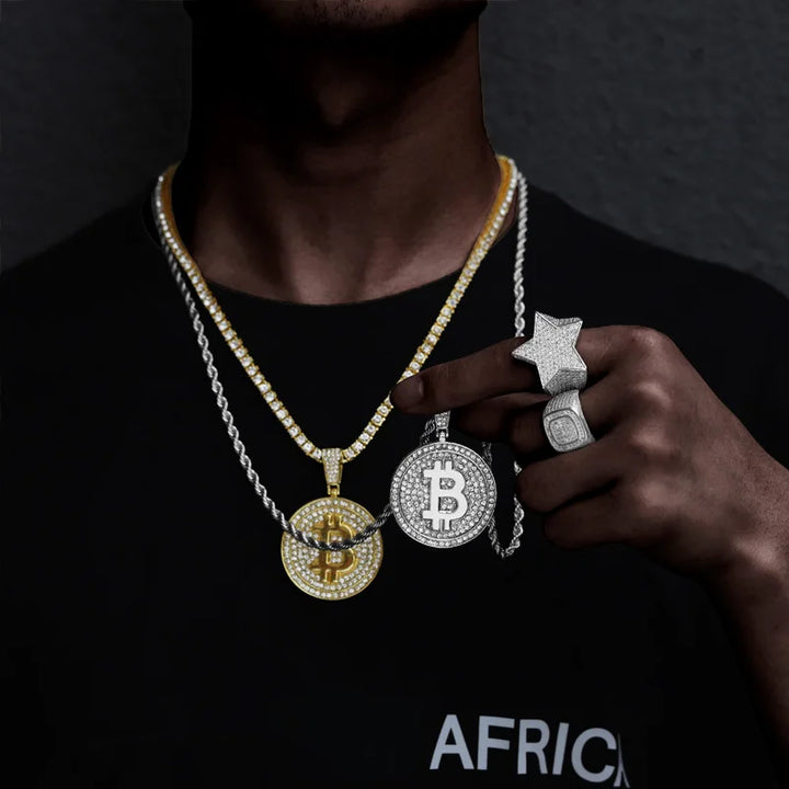 Men Hip Hop Bitcoin Pendant Necklace with 4mm Zircon Tennis Chain Iced Out Bling Hiphop Necklaces Fashion Jewelry BTC Pendant