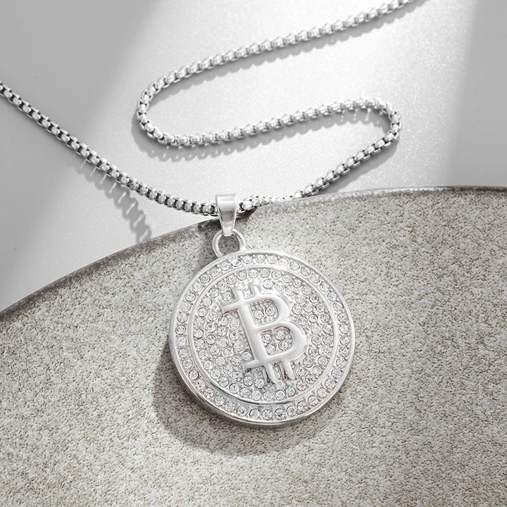 Bling Iced Out Bitcoin Pendant Necklace with Rhinestones for Men and Women Hip Hop Rock Rap Trendy Cool Jewelry