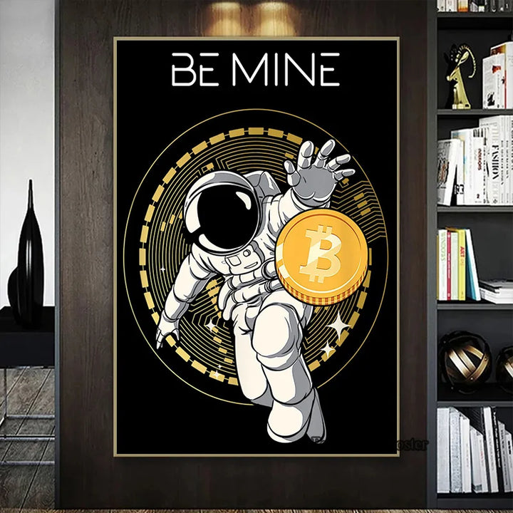 Crypto Astronaut Surfing Bitcoin Stock Market Poster Print Funny Space Meme Wall Art Canvas Painting for Home Living Room Decor