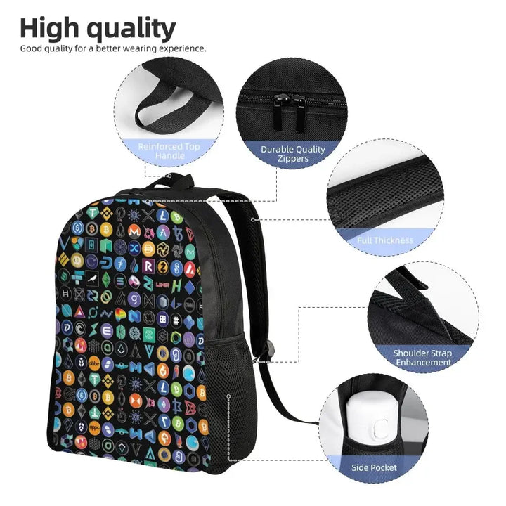 Customized Crypto Coins Altcoin Blockchain Logo Backpacks Women Men Fashion Bookbag for School College Bitcoin Ethereum Bags