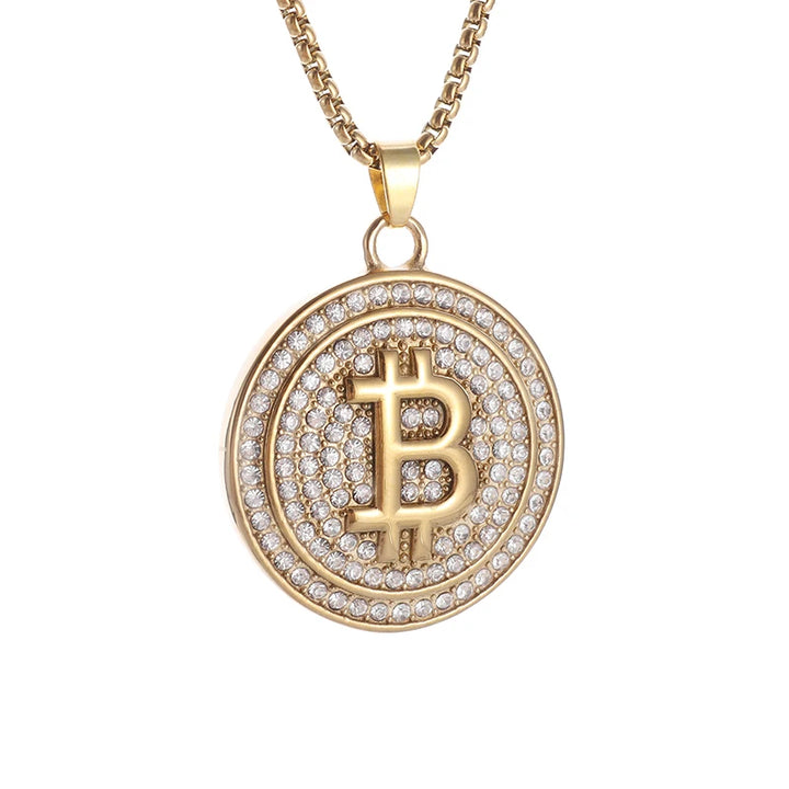 Bling Iced Out Bitcoin Pendant Necklace with Rhinestones for Men and Women Hip Hop Rock Rap Trendy Cool Jewelry