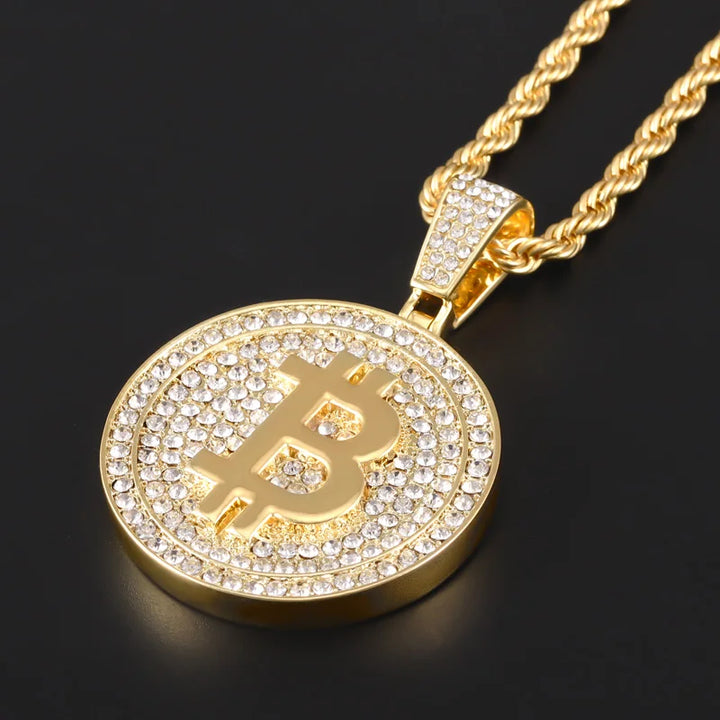 Men Hip Hop Bitcoin Pendant Necklace with 4mm Zircon Tennis Chain Iced Out Bling Hiphop Necklaces Fashion Jewelry BTC Pendant