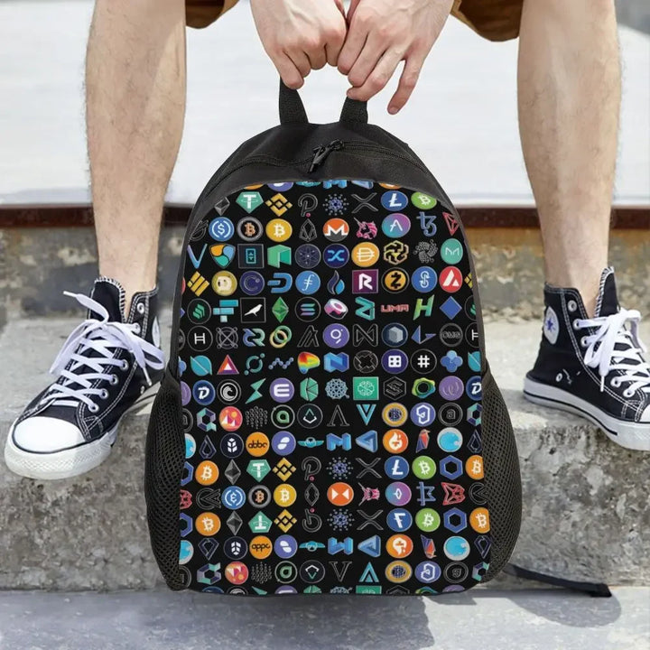 Customized Crypto Coins Altcoin Blockchain Logo Backpacks Women Men Fashion Bookbag for School College Bitcoin Ethereum Bags