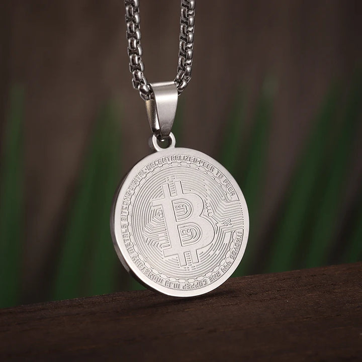 Stainless Steel Bitcoin Coin Pendant Collectible Art Necklace for Men Fashion Charm Jewelry Birthday Gift