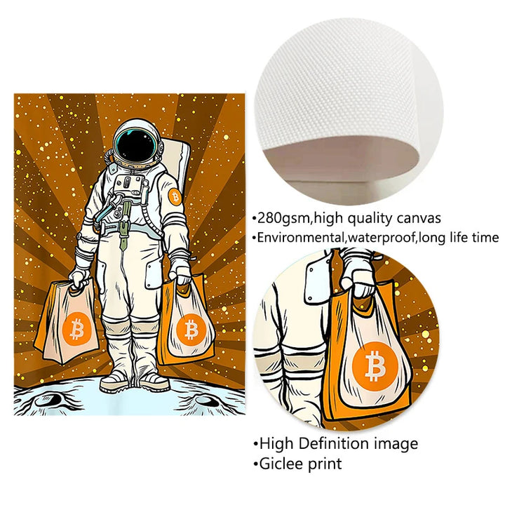 Crypto Astronaut Surfing Bitcoin Stock Market Poster Print Funny Space Meme Wall Art Canvas Painting for Home Living Room Decor