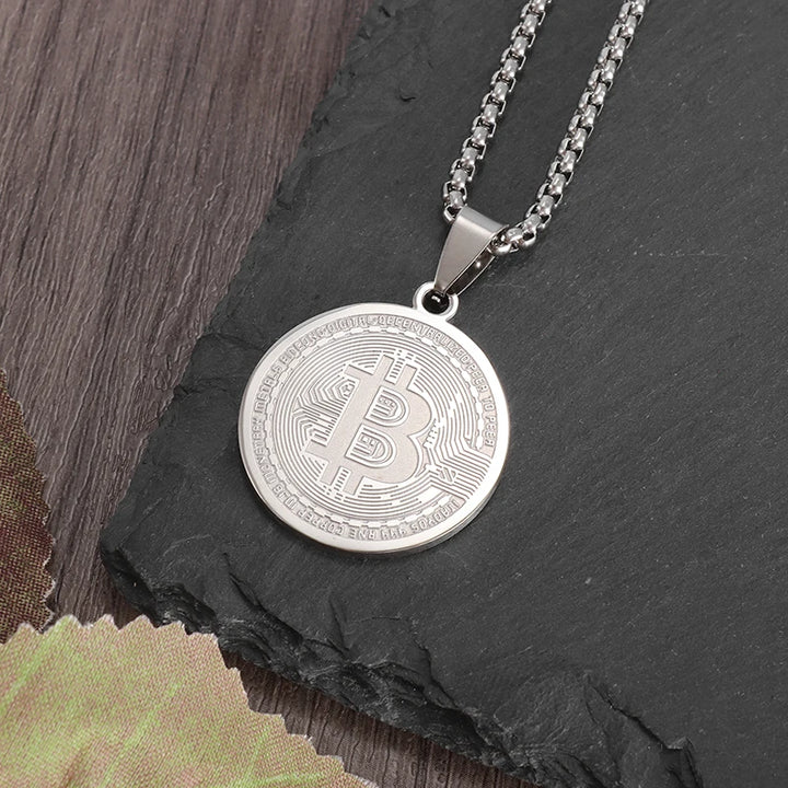 Stainless Steel Bitcoin Coin Pendant Collectible Art Necklace for Men Fashion Charm Jewelry Birthday Gift