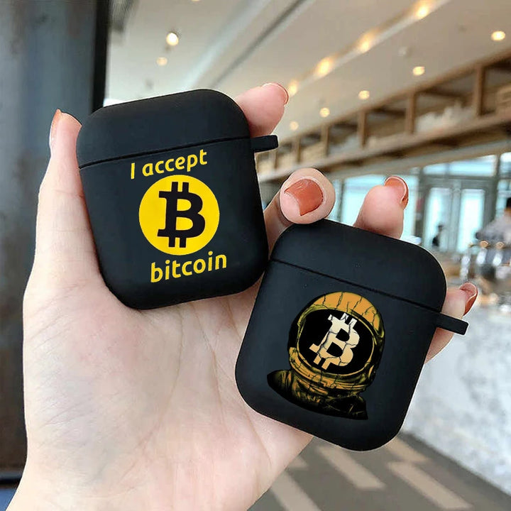 Fashion Bitcoin Coin Soft silicone TPU Case For AirPods Pro 1 2 3 Black Silicone Wireless Bluetooth Earphone Box Cover