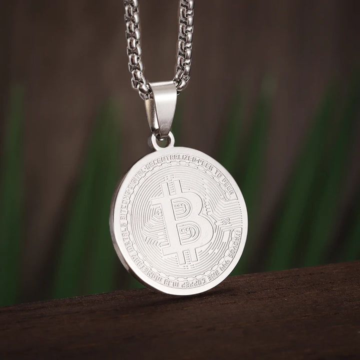 Stainless Steel Bitcoin Coin Pendant Collectible Art Necklace for Men Fashion Charm Jewelry Birthday Gift