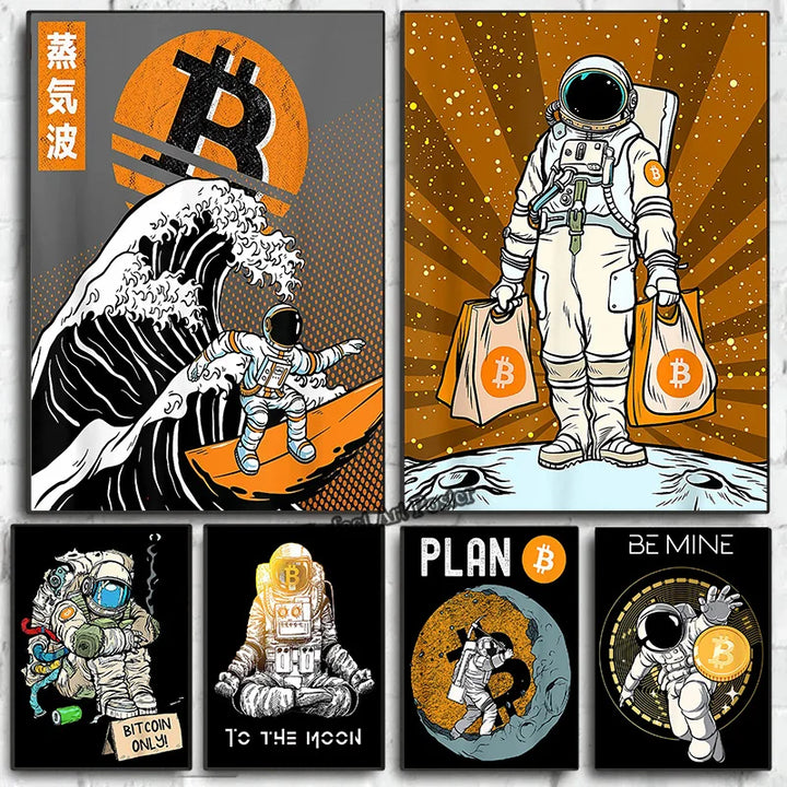 Crypto Astronaut Surfing Bitcoin Stock Market Poster Print Funny Space Meme Wall Art Canvas Painting for Home Living Room Decor