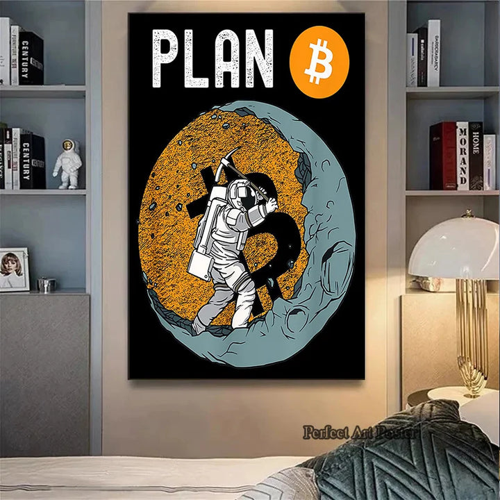 Crypto Astronaut Surfing Bitcoin Stock Market Poster Print Funny Space Meme Wall Art Canvas Painting for Home Living Room Decor