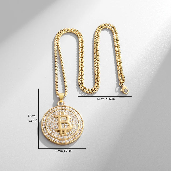 Bling Iced Out Bitcoin Pendant Necklace with Rhinestones for Men and Women Hip Hop Rock Rap Trendy Cool Jewelry