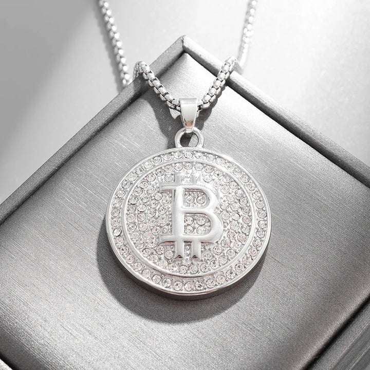 Bling Iced Out Bitcoin Pendant Necklace with Rhinestones for Men and Women Hip Hop Rock Rap Trendy Cool Jewelry