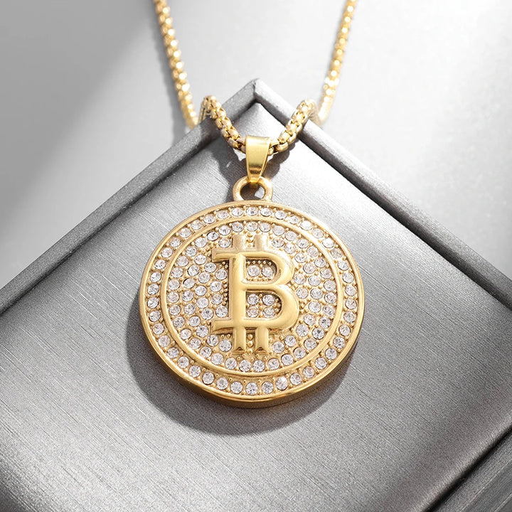 Bling Iced Out Bitcoin Pendant Necklace with Rhinestones for Men and Women Hip Hop Rock Rap Trendy Cool Jewelry