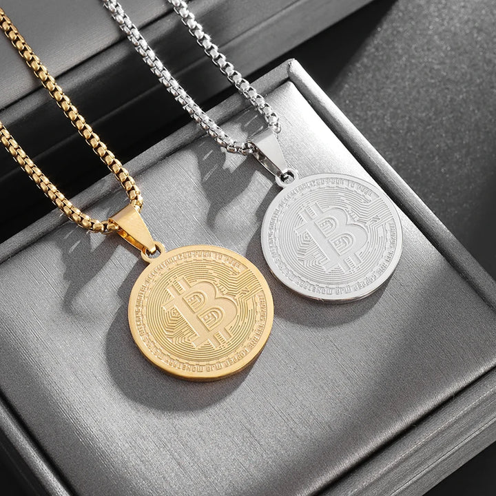 Stainless Steel Bitcoin Coin Pendant Collectible Art Necklace for Men Fashion Charm Jewelry Birthday Gift