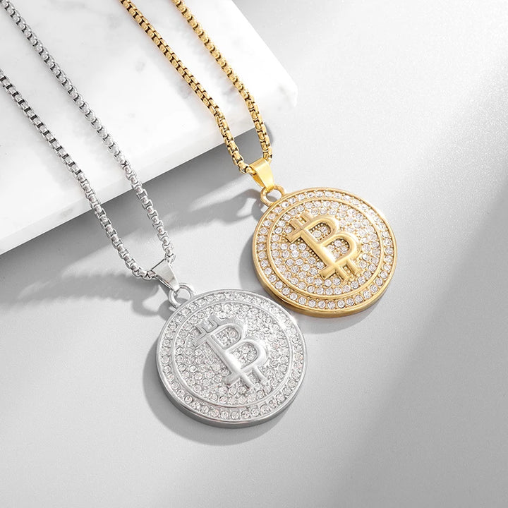 Bling Iced Out Bitcoin Pendant Necklace with Rhinestones for Men and Women Hip Hop Rock Rap Trendy Cool Jewelry