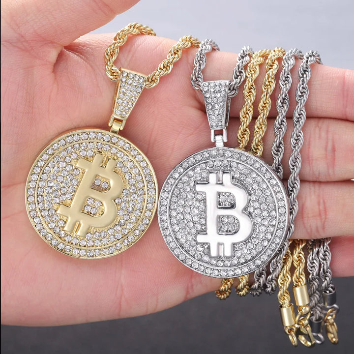 Men Hip Hop Bitcoin Pendant Necklace with 4mm Zircon Tennis Chain Iced Out Bling Hiphop Necklaces Fashion Jewelry BTC Pendant