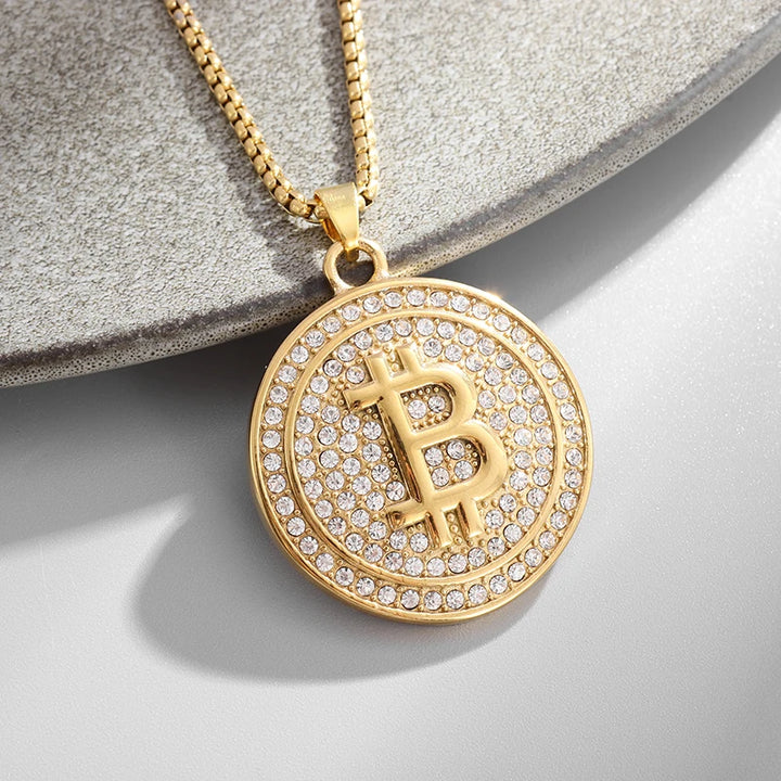 Bling Iced Out Bitcoin Pendant Necklace with Rhinestones for Men and Women Hip Hop Rock Rap Trendy Cool Jewelry