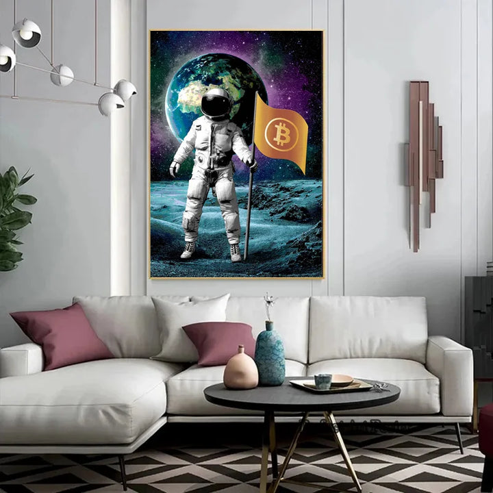 Crypto Astronaut Surfing Bitcoin Stock Market Poster Print Funny Space Meme Wall Art Canvas Painting for Home Living Room Decor