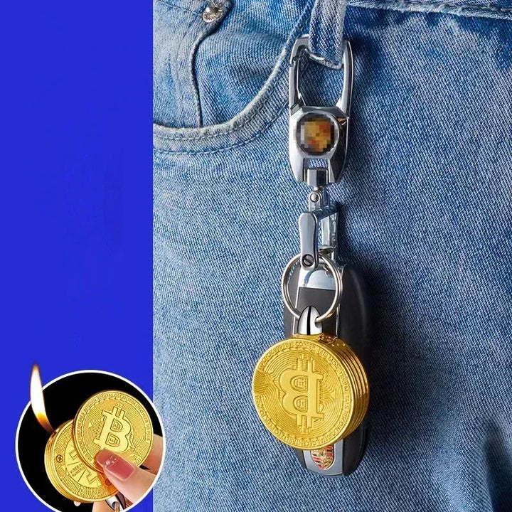 New Unique Pendant Creative Bitcoin Gold Coin Shape Open Flame Pendant Lighter Butane Gas Spot Commemorative Virtual Currency