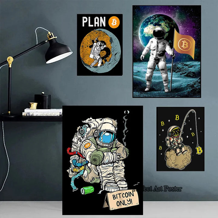 Crypto Astronaut Surfing Bitcoin Stock Market Poster Print Funny Space Meme Wall Art Canvas Painting for Home Living Room Decor