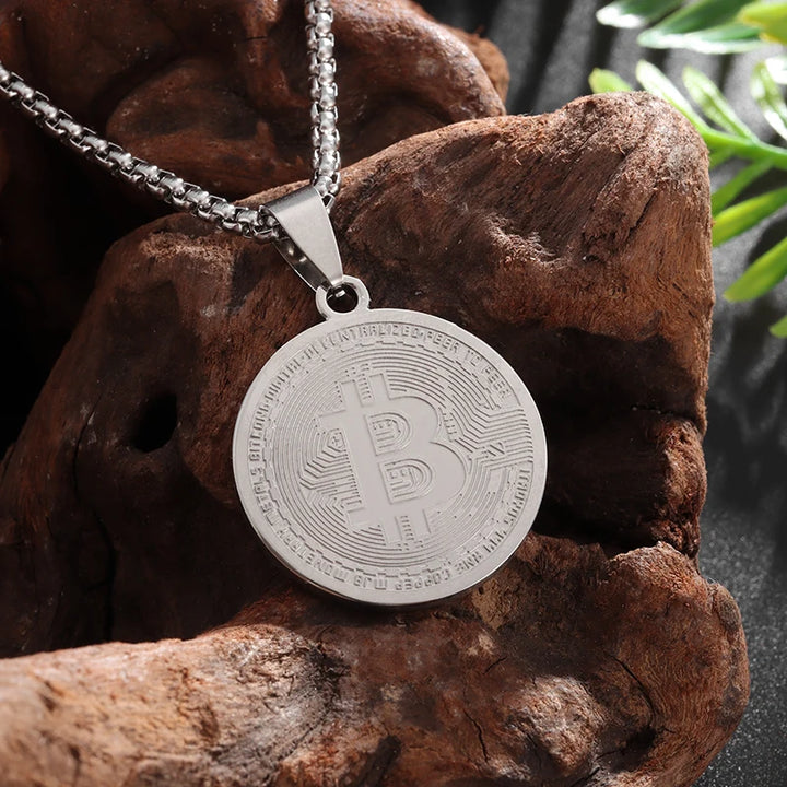 Stainless Steel Bitcoin Coin Pendant Collectible Art Necklace for Men Fashion Charm Jewelry Birthday Gift