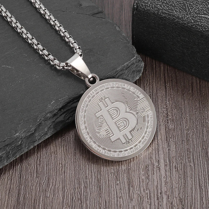 Stainless Steel Bitcoin Coin Pendant Collectible Art Necklace for Men Fashion Charm Jewelry Birthday Gift