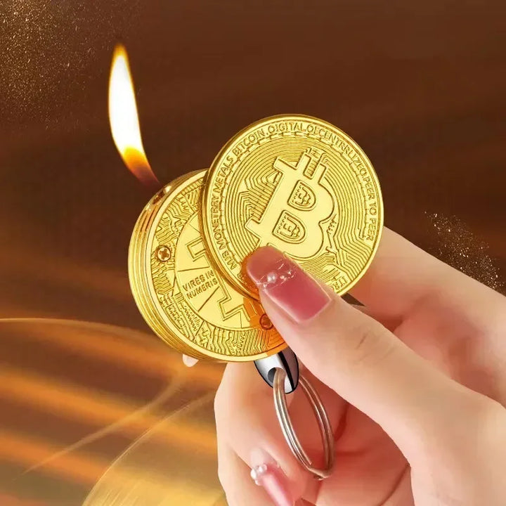 New Unique Pendant Creative Bitcoin Gold Coin Shape Open Flame Pendant Lighter Butane Gas Spot Commemorative Virtual Currency