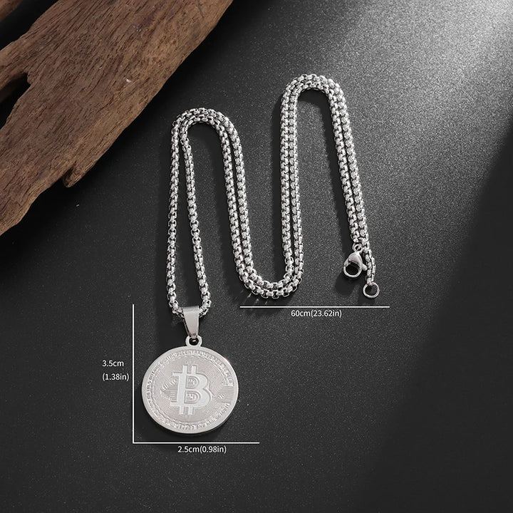 Stainless Steel Bitcoin Coin Pendant Collectible Art Necklace for Men Fashion Charm Jewelry Birthday Gift