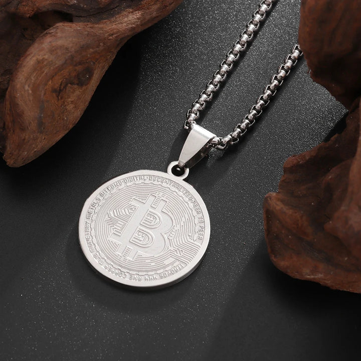 Stainless Steel Bitcoin Coin Pendant Collectible Art Necklace for Men Fashion Charm Jewelry Birthday Gift