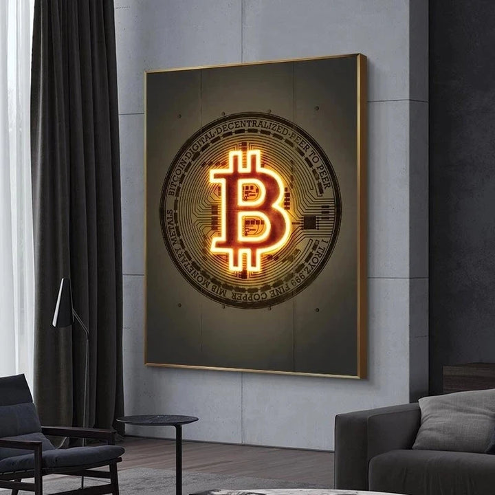 Neon Gold Bitcoin Bull Crypto Canvas Painting Pug Bitcoin Poster and Print Funny Wall Art Picture for Living Room Home Decor