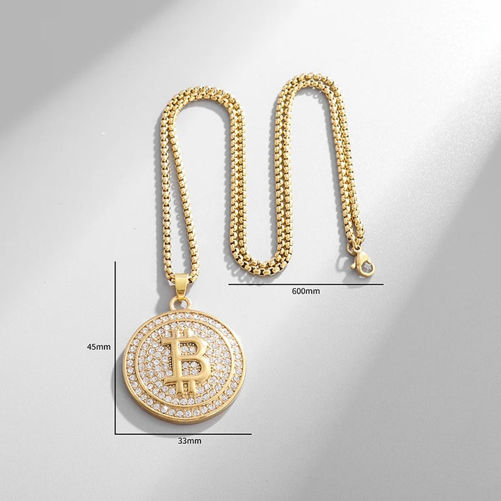 Bling Iced Out Bitcoin Pendant Necklace with Rhinestones for Men and Women Hip Hop Rock Rap Trendy Cool Jewelry