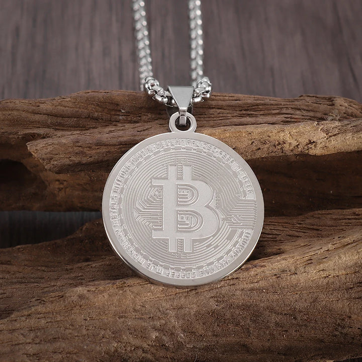 Stainless Steel Bitcoin Coin Pendant Collectible Art Necklace for Men Fashion Charm Jewelry Birthday Gift