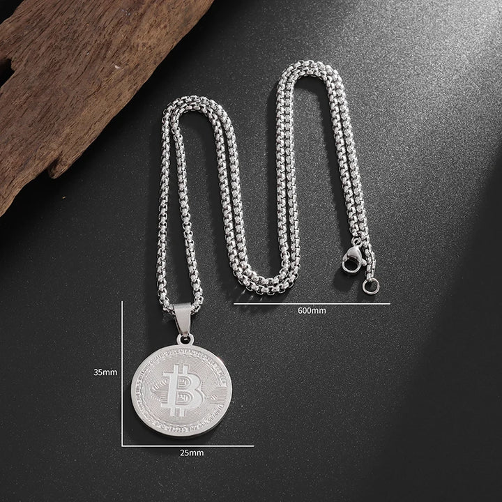 Stainless Steel Bitcoin Coin Pendant Collectible Art Necklace for Men Fashion Charm Jewelry Birthday Gift